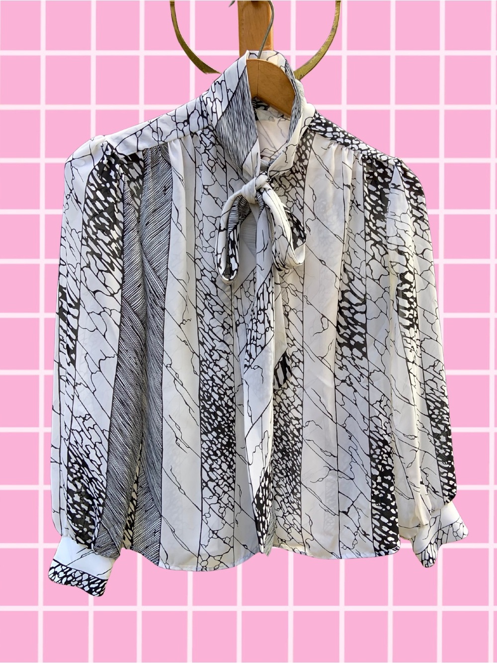 70s Vintage B&W Sheer Patterned Button Up Blouse With Neck Scarf - Size S